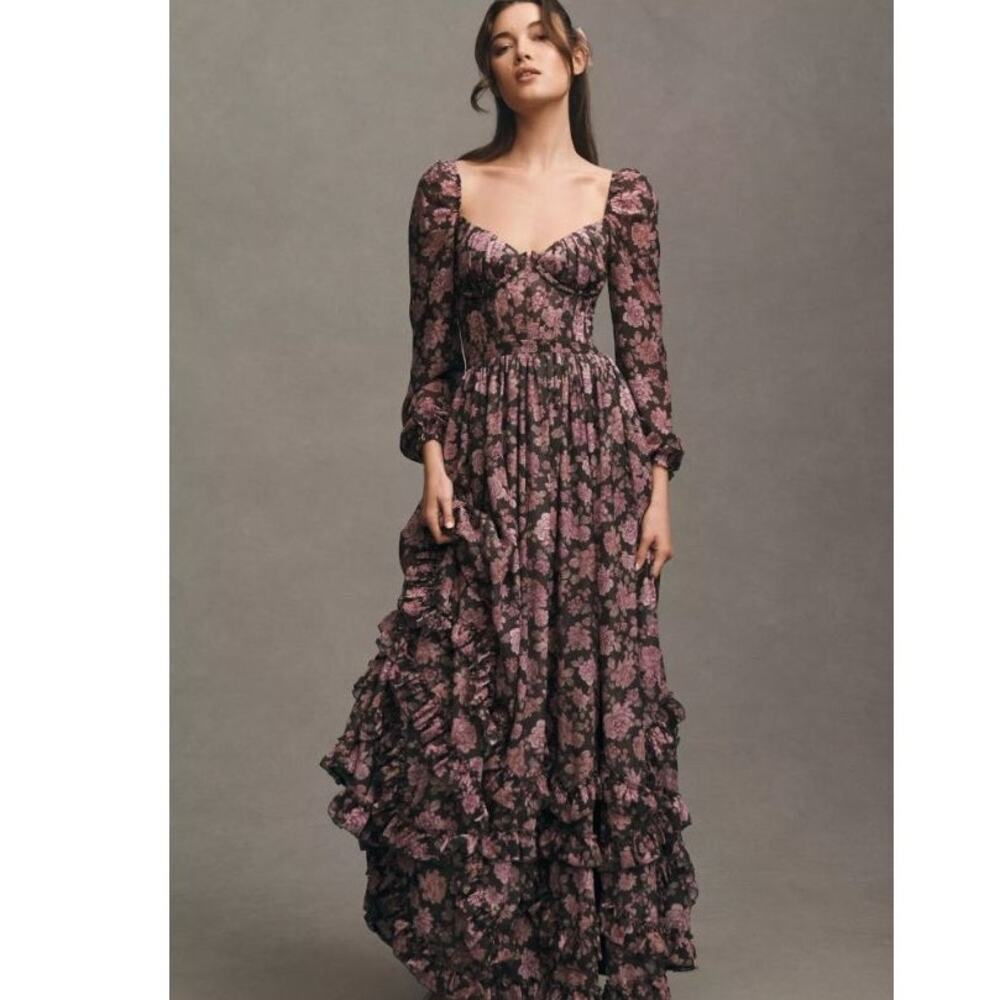 Anthropologie X V. Chapman Carmella Corset Side-Slit Chiffon Maxi Dress Size 12